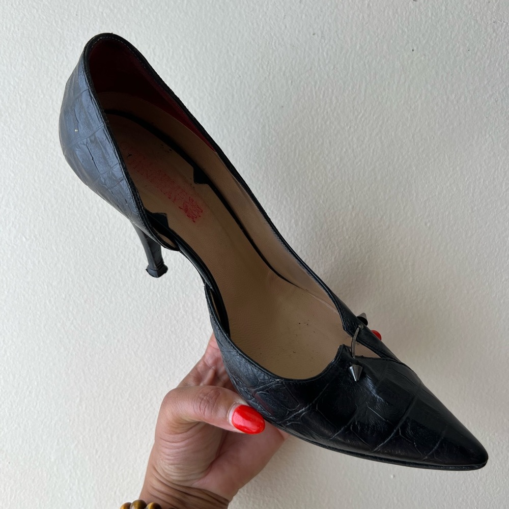 Croc 👠 Black Leather Pumps Heels w/ Piercing Jewelry
